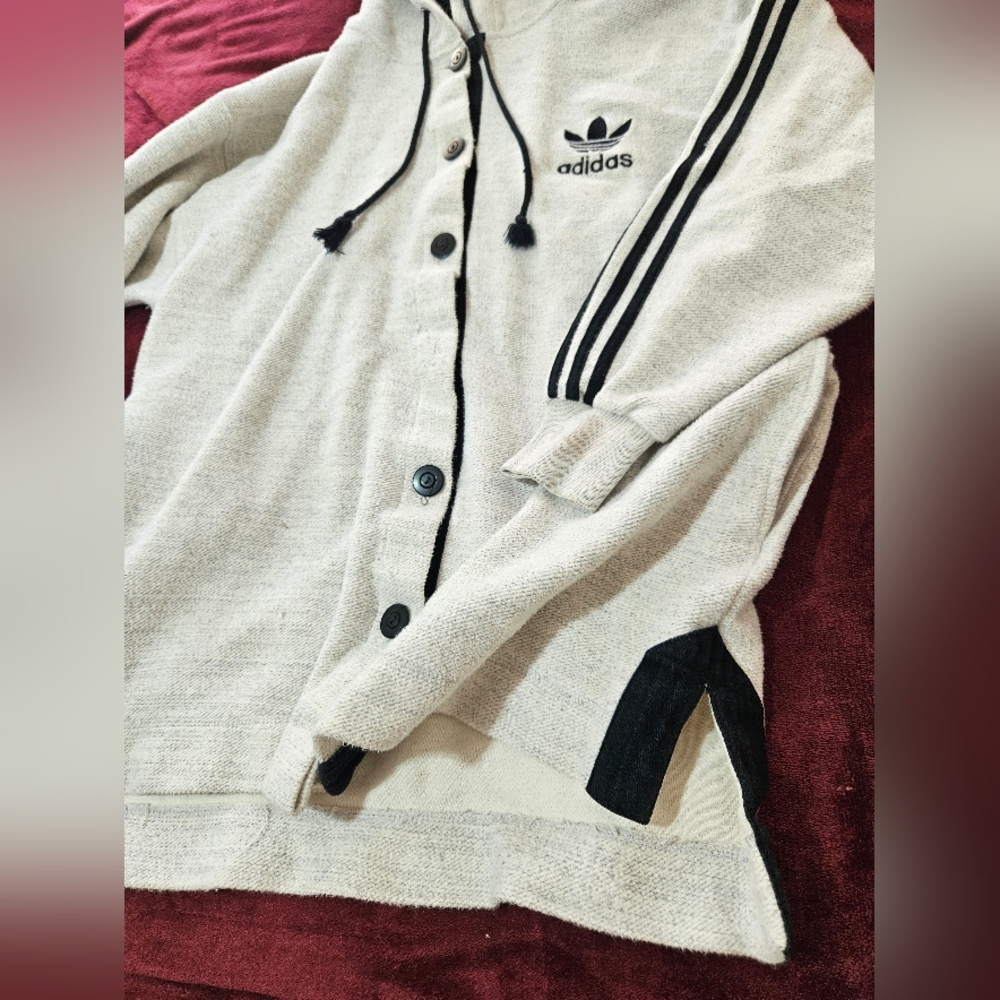 1990s Adidas Vintage Cardigan Hoodie Sweater Jacket Gray Button Up Mens M *Flaw - Picture 11 of 13